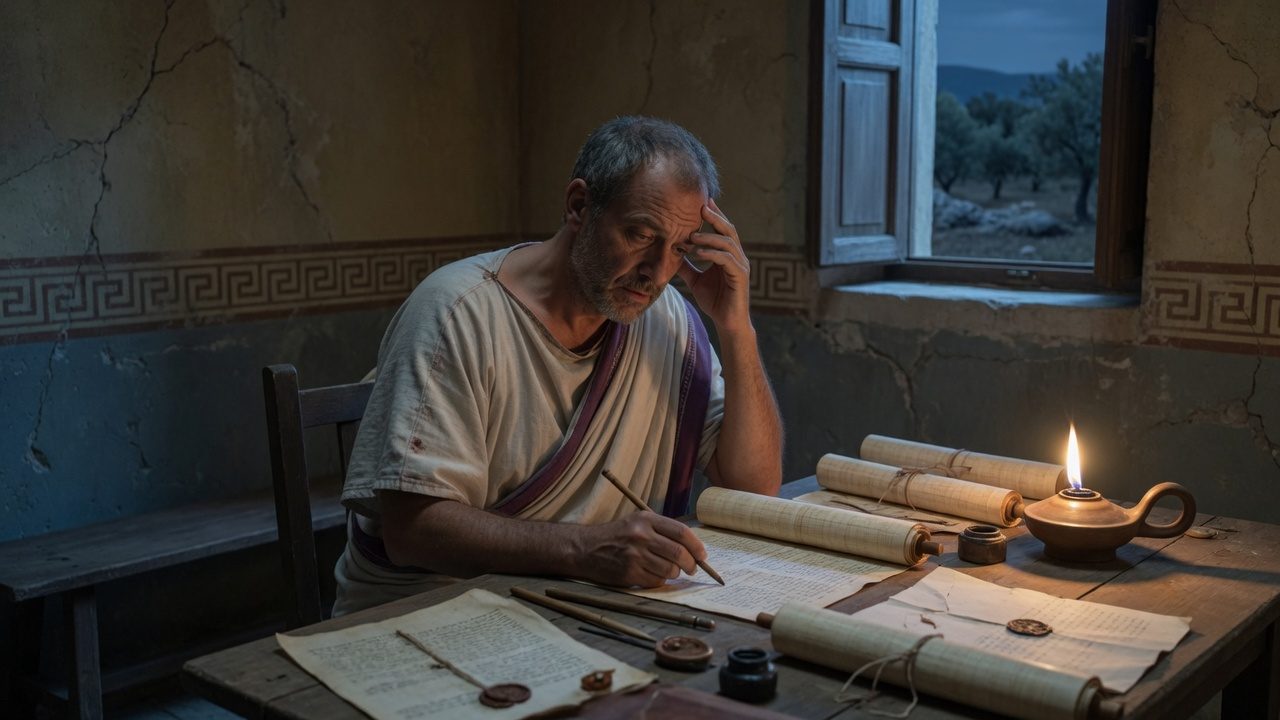 A writer working by lamplight