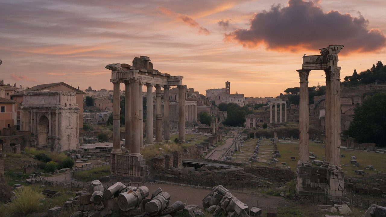 The Roman Forum at sunset, columns standing among ruins