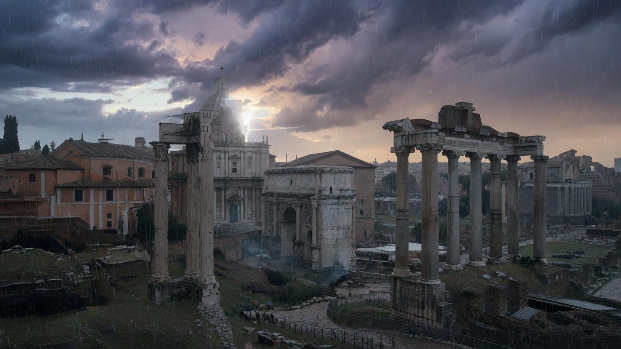 The Forum under a storm sky at dawn